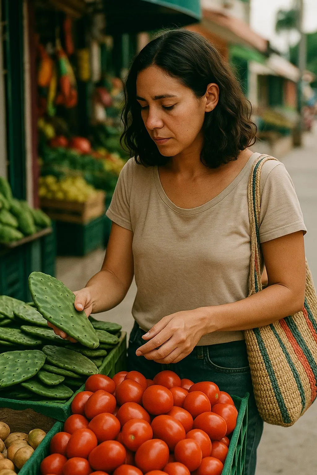 Mujer eligiendo nopales y jitomates en un mercado