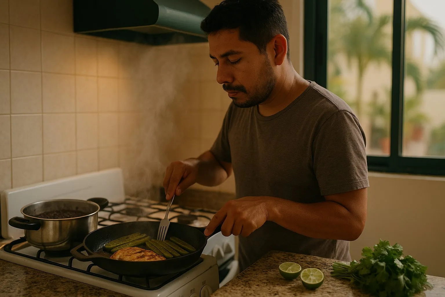 Hombre cocinando pechuga con nopales y frijoles en su casa
