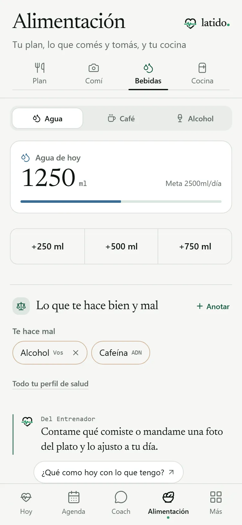 Registro de bebidas: agua, café y alcohol