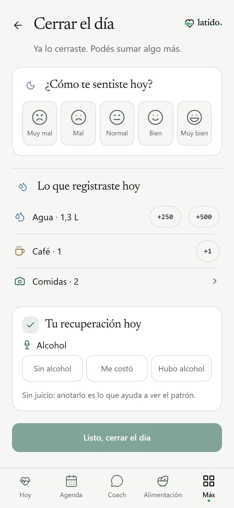 Pantalla para cerrar el día con ánimo, agua y recuperación