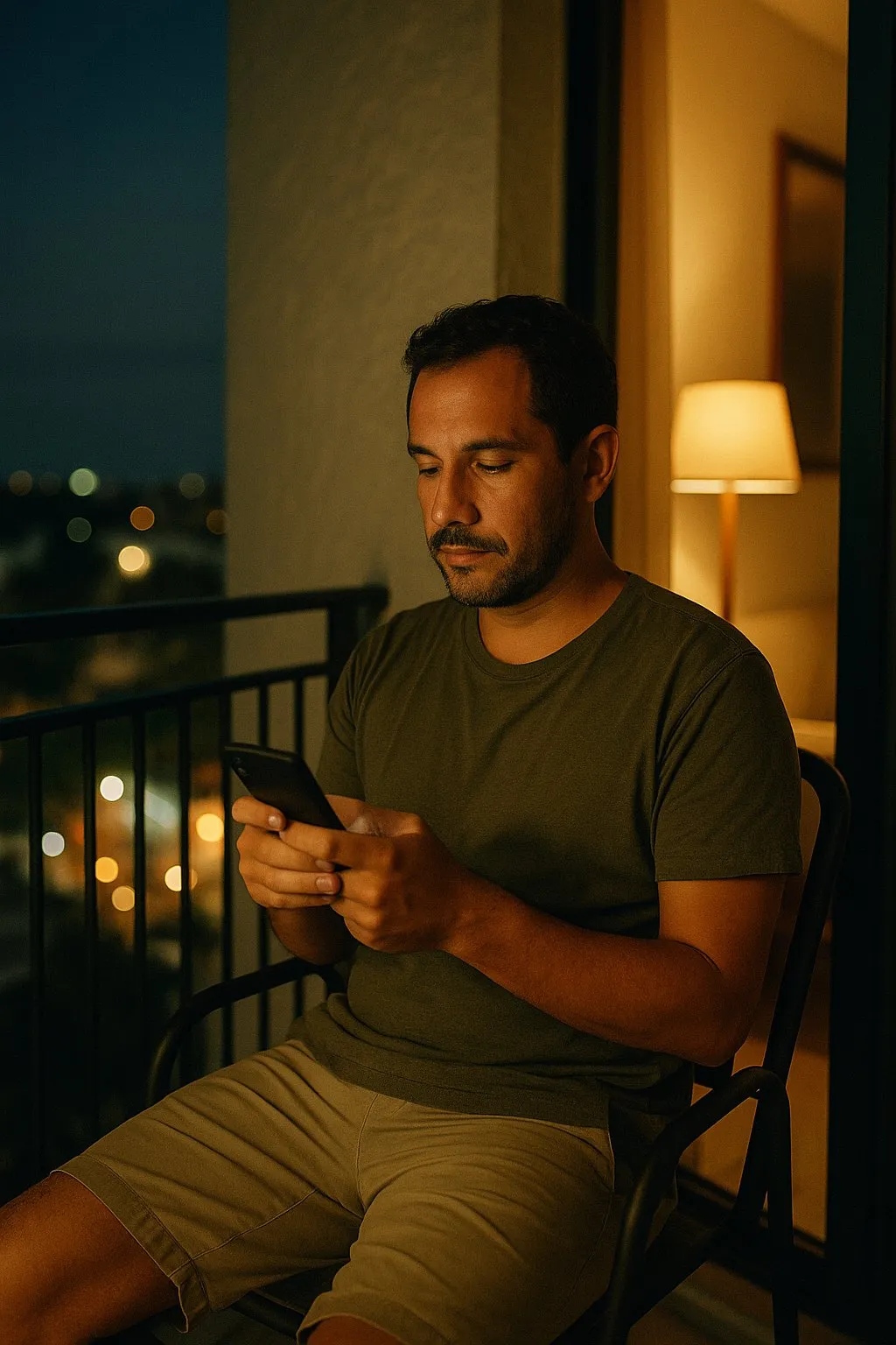 Hombre escribiendo en su teléfono de noche en un balcón
