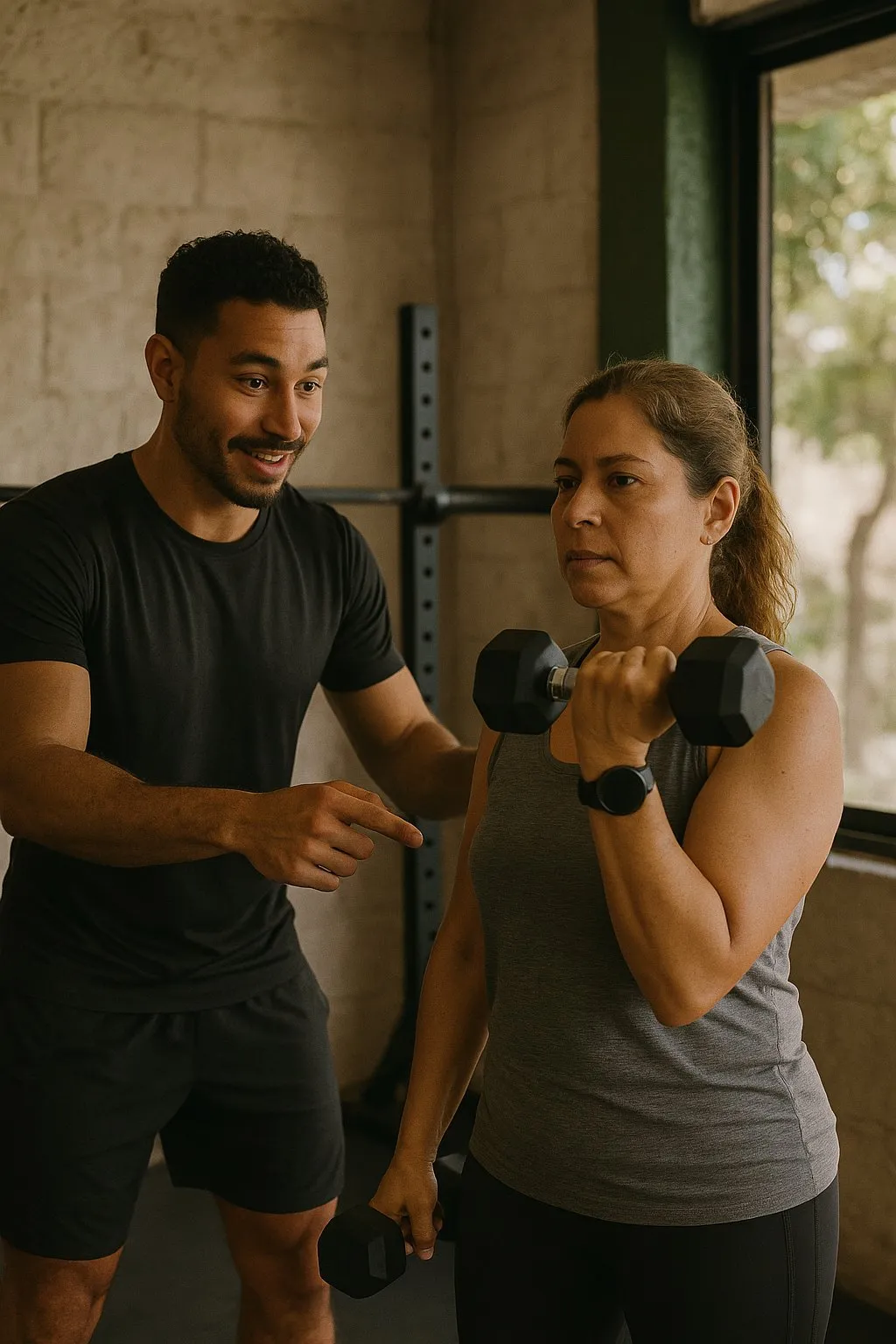 Un entrenador corrigiendo la técnica de una mujer que levanta mancuernas en el gimnasio
