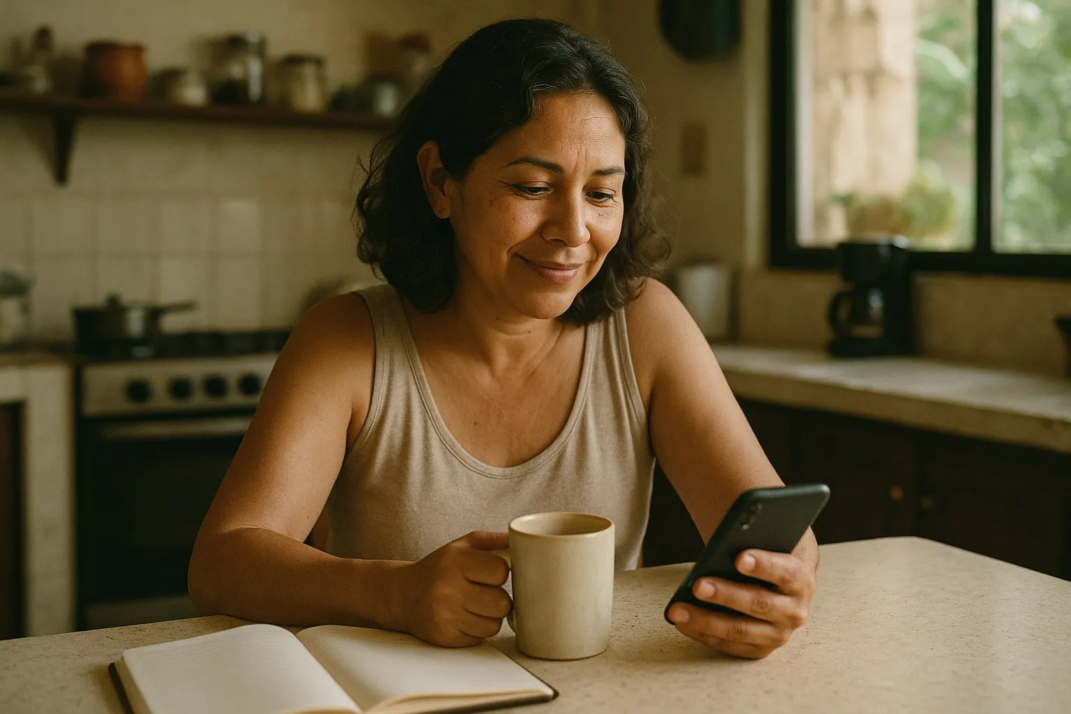 Mujer con un café mirando su teléfono en la cocina por la mañana