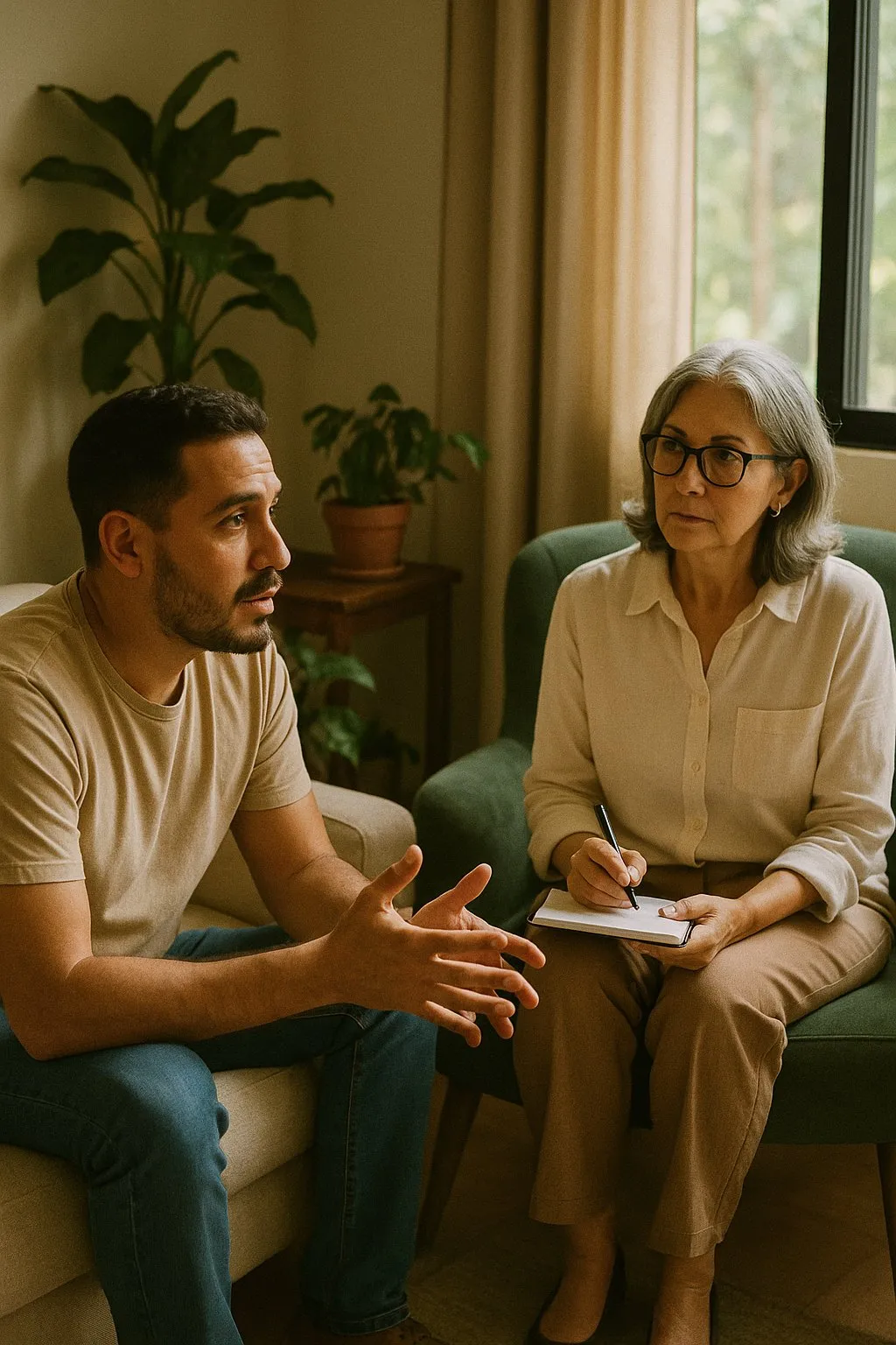 Un hombre conversando con su terapeuta en un consultorio tranquilo