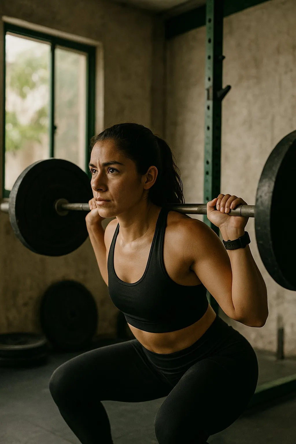 Mujer haciendo sentadilla con barra en un gimnasio