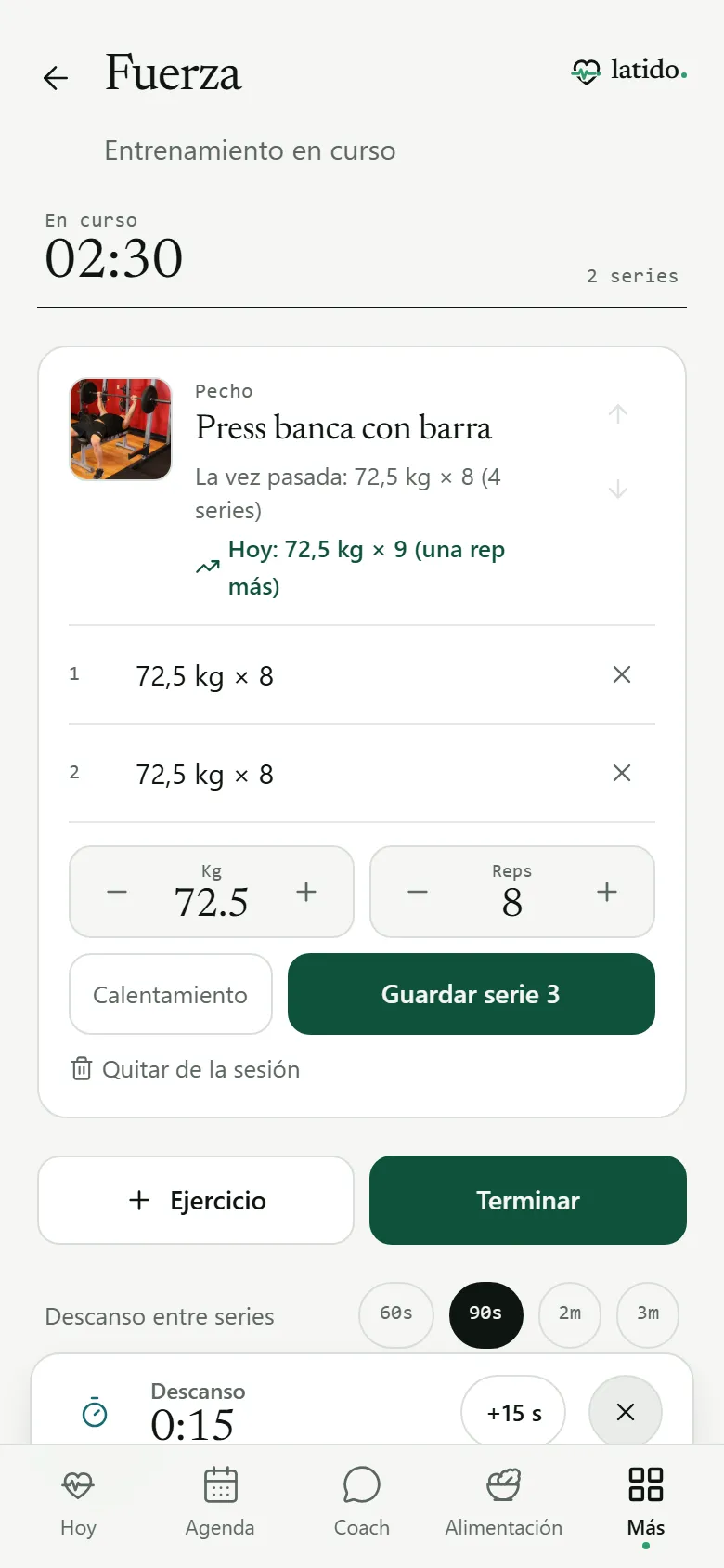 Entrenamiento en curso con la vez pasada y la sugerencia de hoy