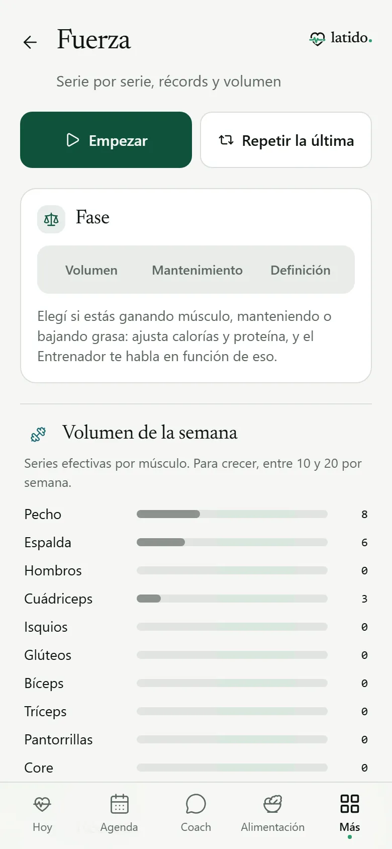 Pantalla Fuerza con fase y volumen semanal por músculo