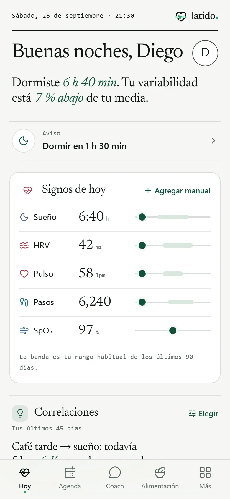 Pantalla Hoy con sueño, HRV y pulso contra tu rango