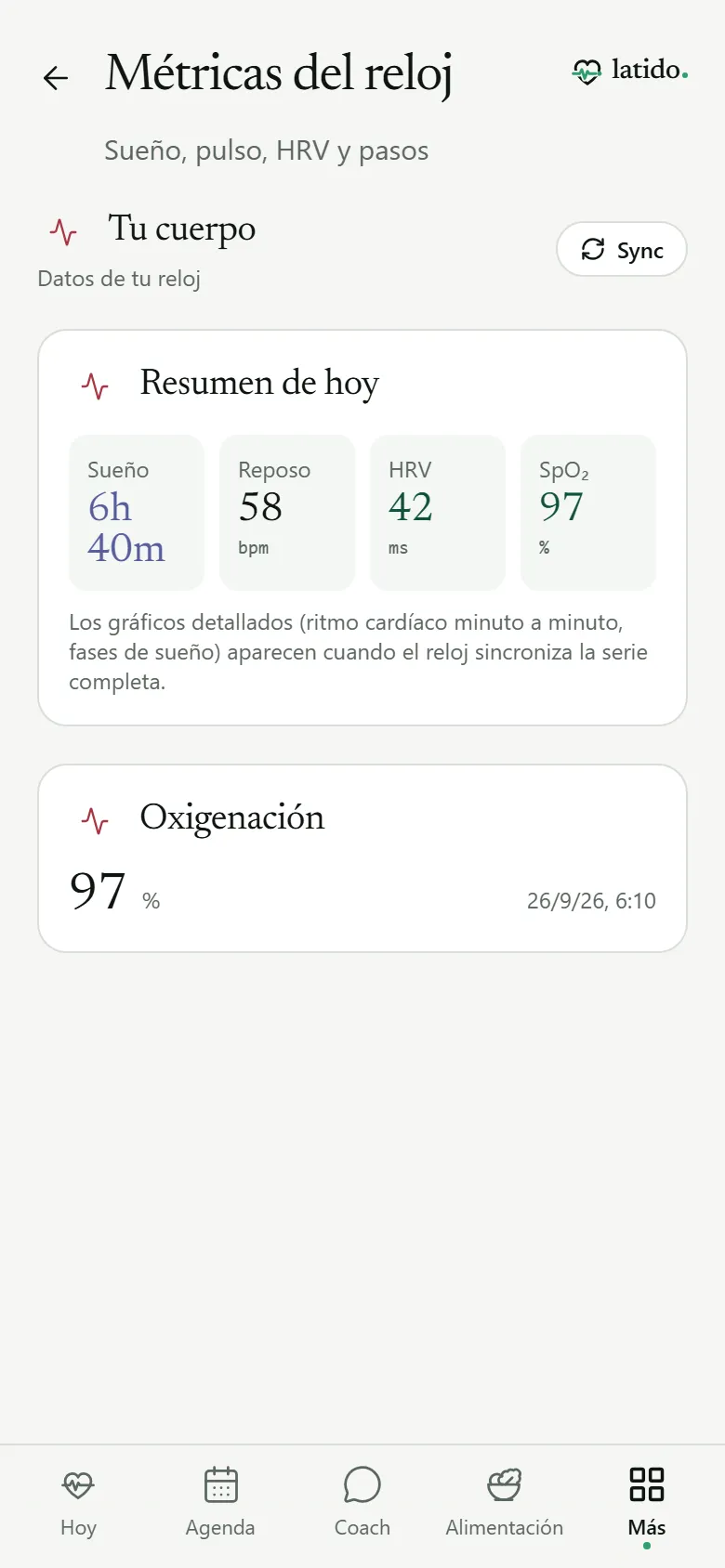 Métricas del reloj: resumen del día con sueño, reposo, HRV y oxígeno