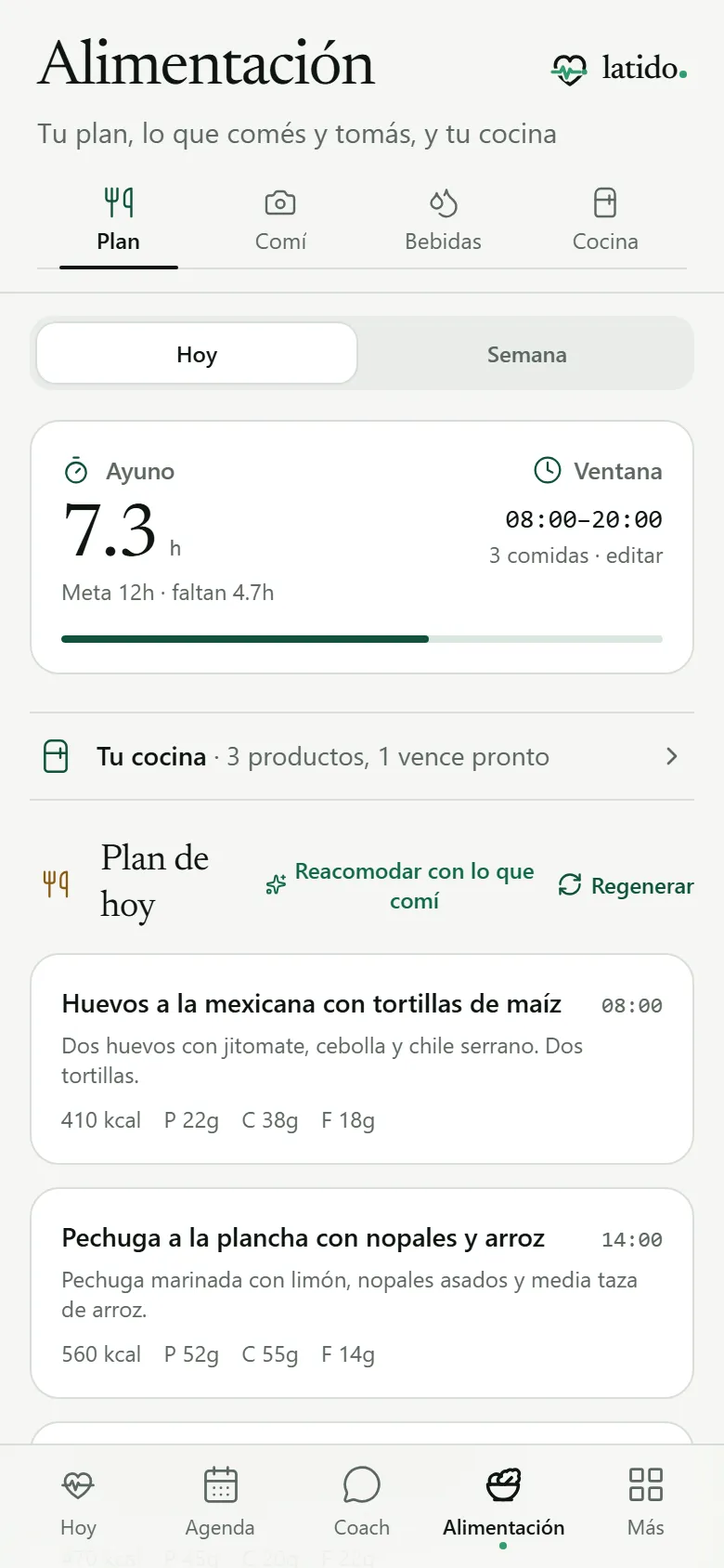 Plan de comidas del día con horarios y macros