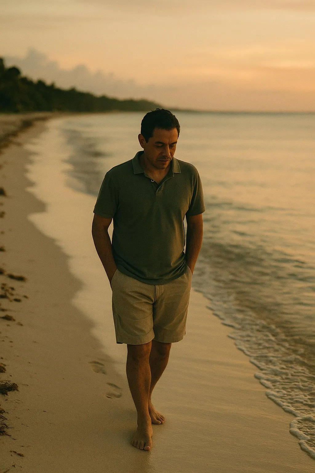 Hombre caminando solo por la orilla del mar al atardecer