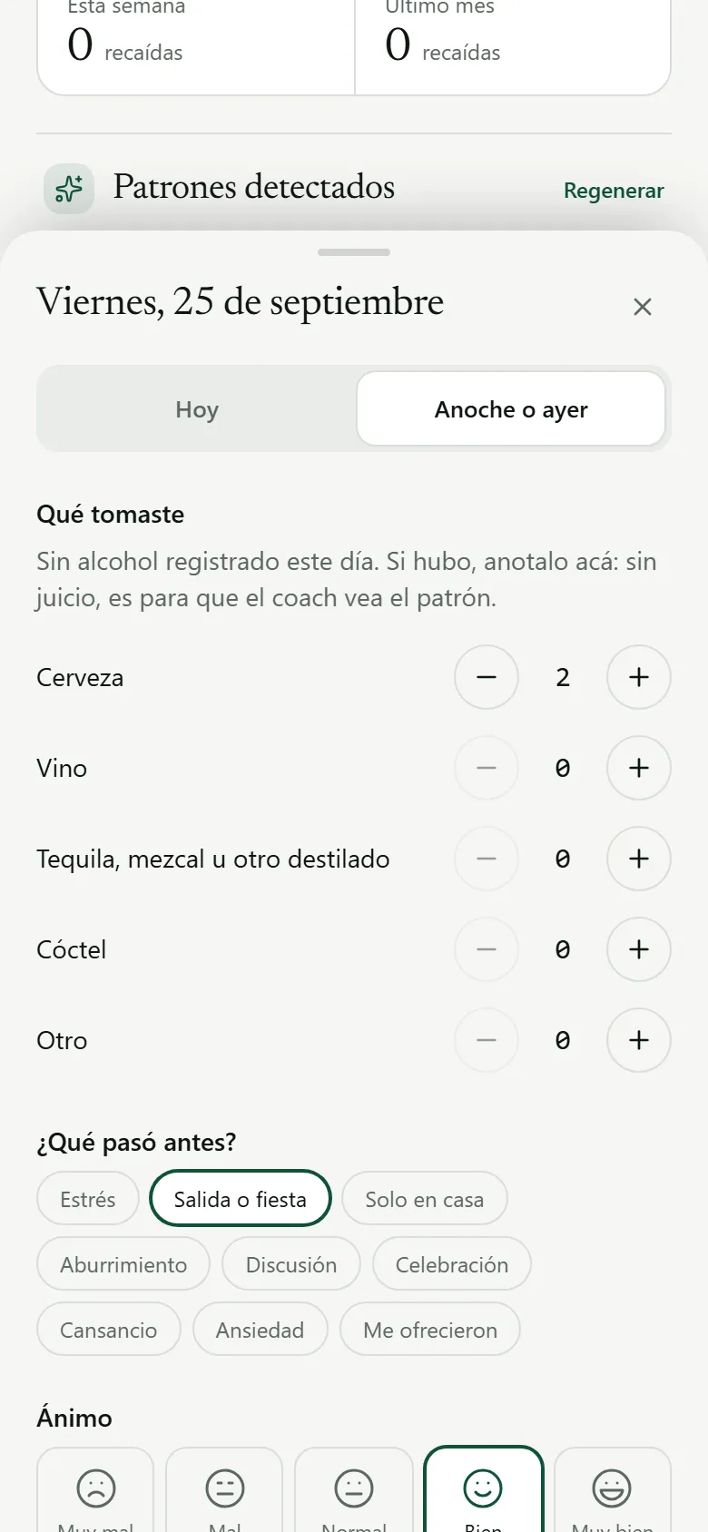 Anotar un día: qué tomaste, cuánto y qué pasó antes