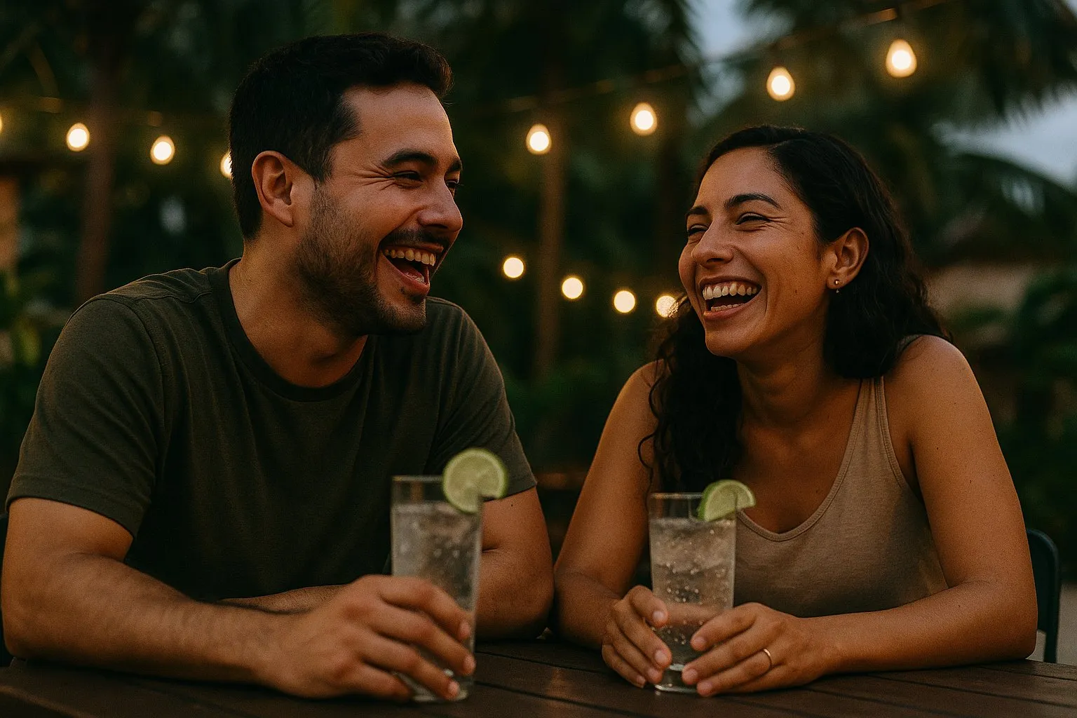 Dos amigos riendo con agua mineral con limón
