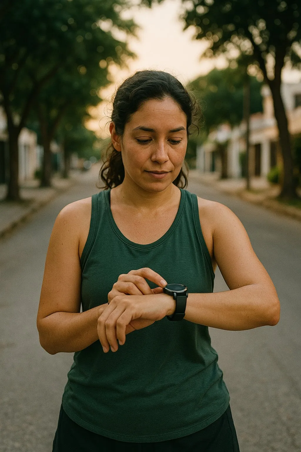 Mujer revisando su reloj inteligente después de caminar temprano