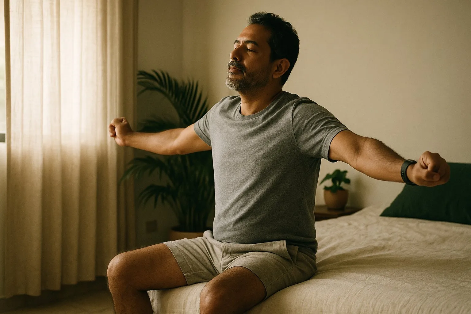Hombre estirándose al despertar con su reloj en la muñeca